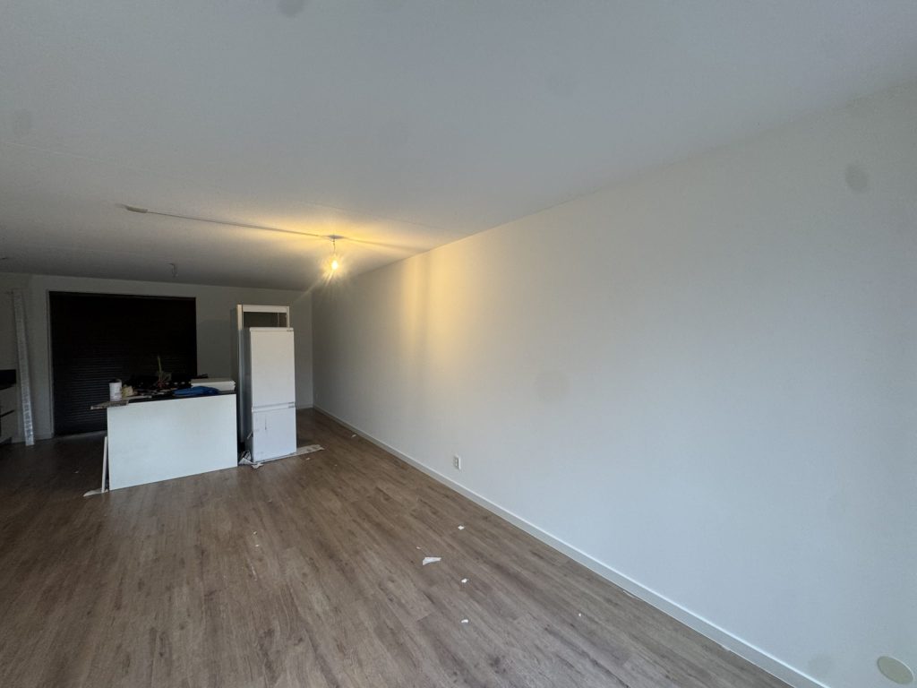 Lange, strak gesausde wand in een woonkamer met open keuken en een laminaatvloer
